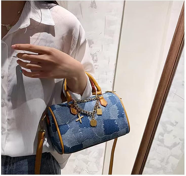 Mini Small Denim Purse Jean Boston Barrel Bags Quilted Checkered Top Handle Canvas Tote Crossbody bags Satchel Handbag for Women,Blue
