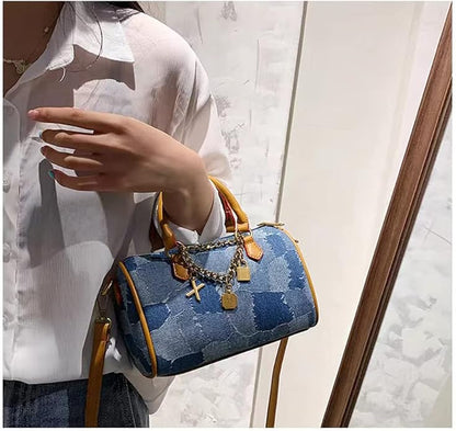 Mini Small Denim Purse Jean Boston Barrel Bags Quilted Checkered Top Handle Canvas Tote Crossbody bags Satchel Handbag for Women,Blue