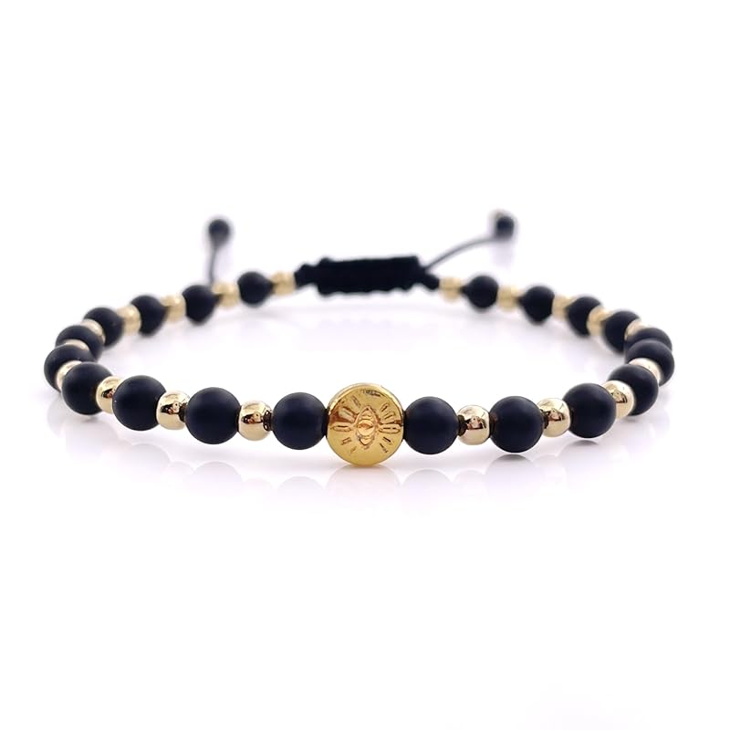 Lucky Evil Eye Natural Stone Beaded Adjustable Bracelet for Women (Black Onix)