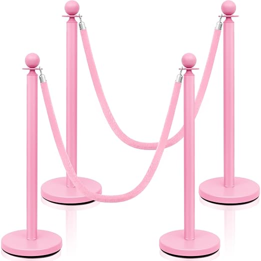 Ferraycle 4 Pcs Stainless Steel Stanchions Post Queue 38 Inch, 5 ft Velvet Rope Carpet Ropes and Pole, Control Barriers for Wedding Birthday Party Decoration Sand Injection Hollow Base Set (Pink)