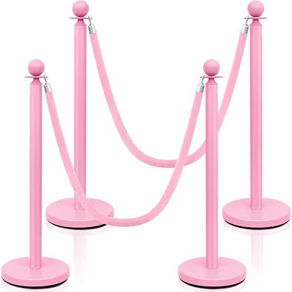 Ferraycle 4 Pcs Stainless Steel Stanchions Post Queue 38 Inch, 5 ft Velvet Rope Carpet Ropes and Pole, Control Barriers for Wedding Birthday Party Decoration Sand Injection Hollow Base Set (Pink)
