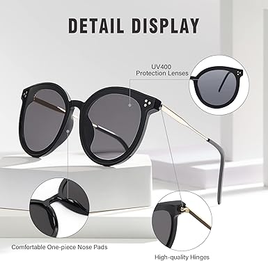 Dollger Classic Round Sunglasses for Women Men Big Black Retro Trendy Shades UV400 Sunnies Frame