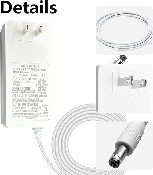 12V Power Supply Adapter, 5A 60W Wall Plug Switching Transformer, AC 100-240V Converter to DC 12 Volt White LED Driver Adaptor with 5.5x2.12.5mm Connector for led Strip Light (ETL Certificated)
