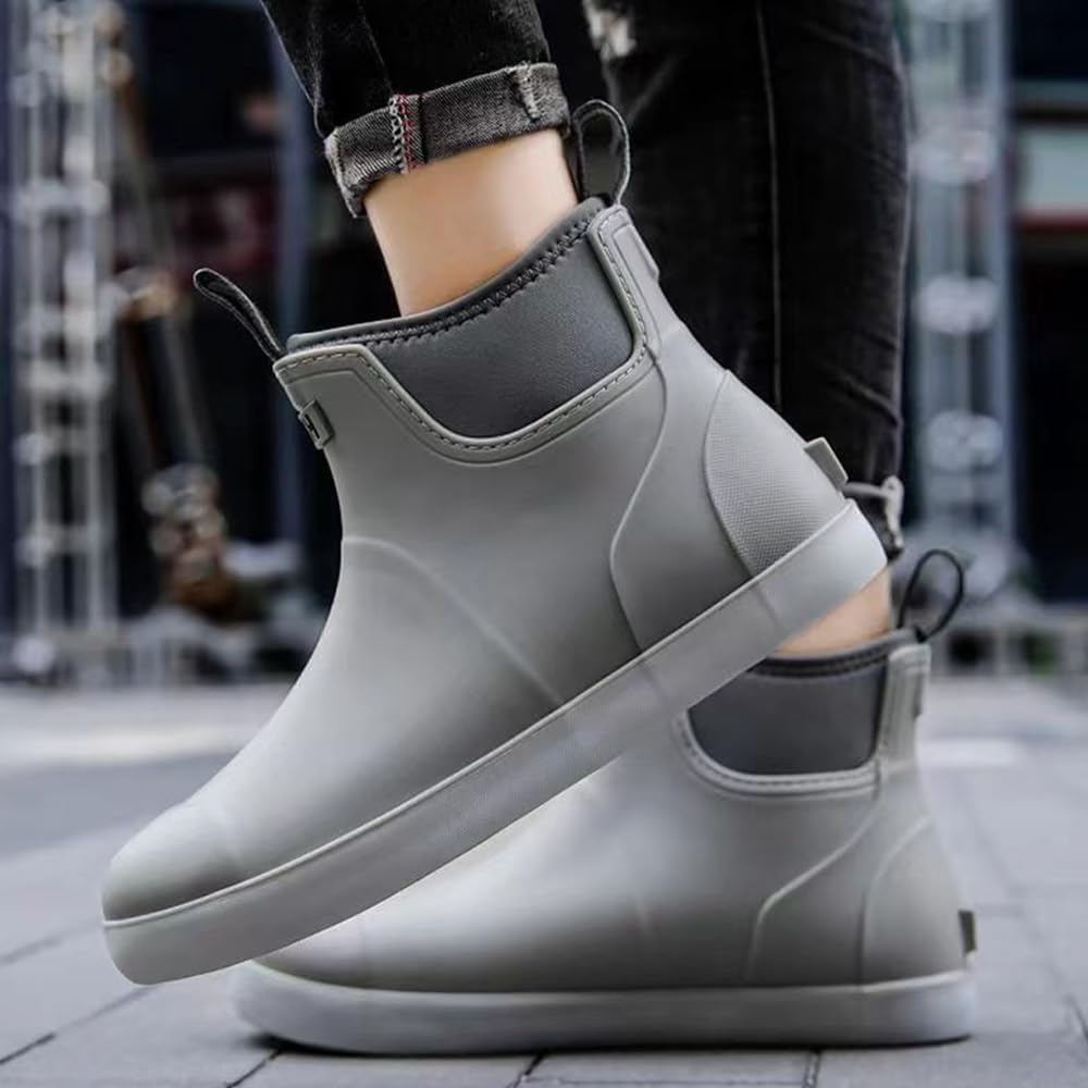 Men's Deck Fishing Boots Waterproof Rain Boots,Green Ankle Booties Slip On,Rubber Footwear For Gardening Fishing Boating Camping Sailing