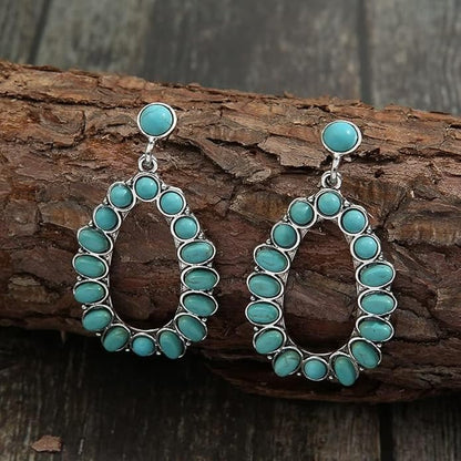 Boho Turquoise Oval Drop Dangle Earrings for Women Beaded Western Flower Teardrop Earrings Vintage Ethnic Alloy Pendant Jewelry Gift