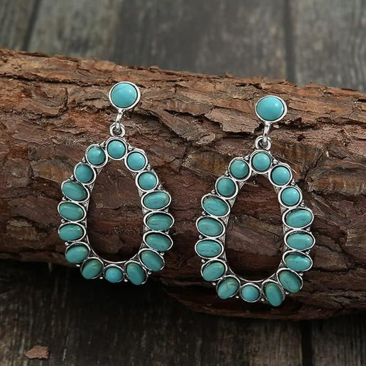 Boho Turquoise Oval Drop Dangle Earrings for Women Beaded Western Flower Teardrop Earrings Vintage Ethnic Alloy Pendant Jewelry Gift