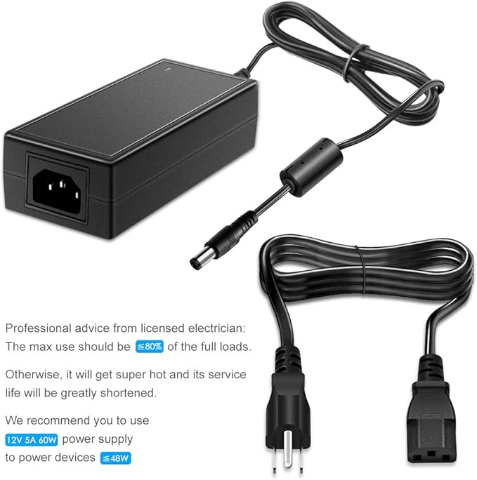 SHNITPWR 12V 5A 60W Power Supply Adapter AC DC Converter 100V240V to 12 Volt 5 Amp Transformer 5.5x2.5mm Plug for 5050 3528 LED Strip Light 3D Printer LED Driver CCTV Security System LCD Monitor