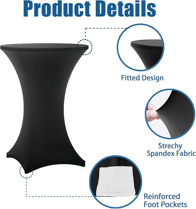 Cocktail Table Covers - 2 Pack 32x43 Inch Table Cloth - Black Fitted Stretch Spandex Round High Top Tablecloth for Party, Bar, Birthday, Pub, Banquet
