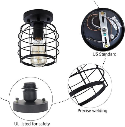 Create For Life Industrial Vintage Flush Mount Ceiling Light,Rustic Metal Cage Semi Flush Mount Ceiling Lamp Fixture for Hallway Stairway Kitchen Garage, E26, Black Finish,2 Pack
