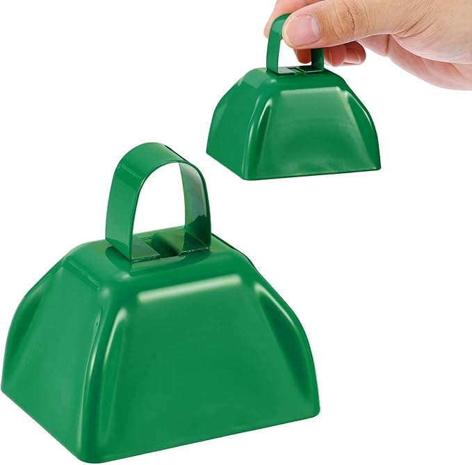 PATIKIL 2pcs Cow Bells for Football Games, 3inch Cowbells for Sporting Events Bulk Loud Noise Makers Metal Cow Bell with Handle for Cheering Competition Marathon Wedding, Green