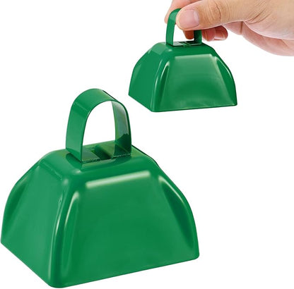 PATIKIL 2pcs Cow Bells for Football Games, 3inch Cowbells for Sporting Events Bulk Loud Noise Makers Metal Cow Bell with Handle for Cheering Competition Marathon Wedding, Green