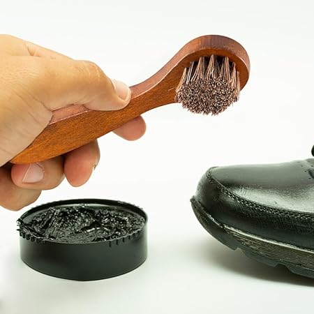 Horsehair Shine Shoes Brush Kit Polish Dauber Applicators Cleaning Leather Shoes Boots Care Brushes Suede Cleaner Coat Sofa Car Cushion Brush with Microfiber Shoe Cloth  Wooden Handle, Type 2