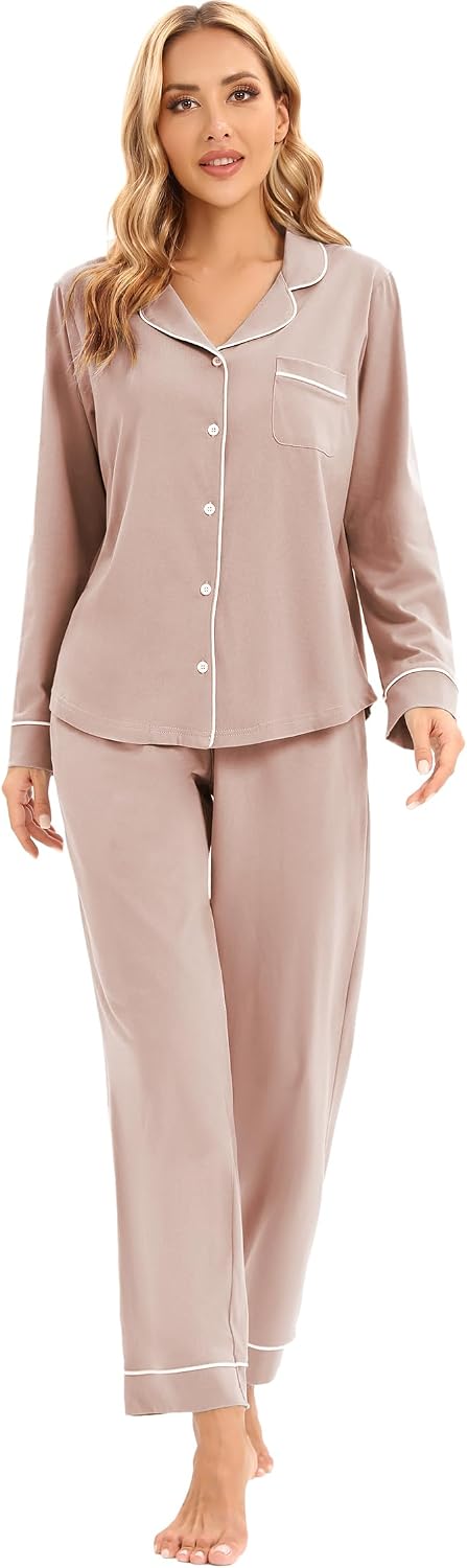 LUBOT 100% Cotton Pajamas for Women Pajama Set Soft 2 Piece Sleepwear PJ Set Long Sleeve Button Knit Cozy Loungewear XS-XXL