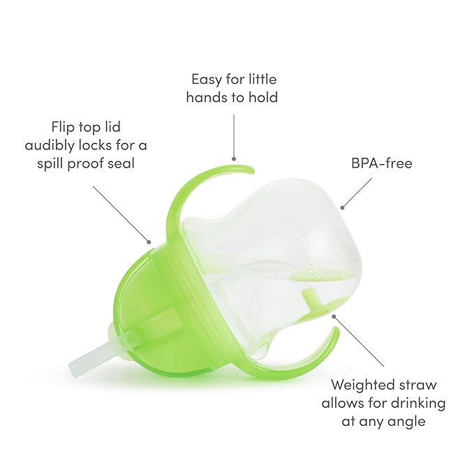 Munchkin Any Angle Sippy Cup for Toddlers, Spill Proof Weighted Straw Cup with Transition Handles for Babies 6 Months and Up, 7 Ounce, Green