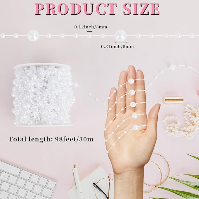 Pearl Bead Garland 98 Ft Artificial Pearls String Strand of Pearls Beads Chain Pearl Garland Roll Bead Garland for Christmas Tree DIY Crafts Bouquet Home Wedding Party Decorations(White)