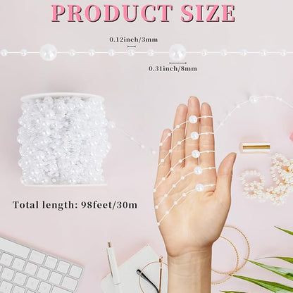 Pearl Bead Garland 98 Ft Artificial Pearls String Strand of Pearls Beads Chain Pearl Garland Roll Bead Garland for Christmas Tree DIY Crafts Bouquet Home Wedding Party Decorations(White)