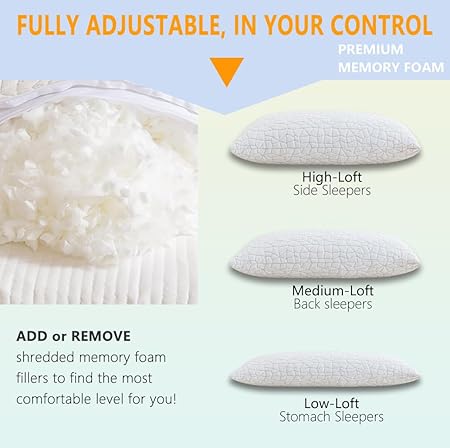 Shredded Memory Foam Pillow, Queen (1-Pack), Adjustable Bed Pillow for Side Back Stomach Sleepers,Comfy Cooling Pillow for Sleeping with Washable Cover...