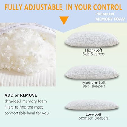 Shredded Memory Foam Pillow, Queen (1-Pack), Adjustable Bed Pillow for Side Back Stomach Sleepers,Comfy Cooling Pillow for Sleeping with Washable Cover...