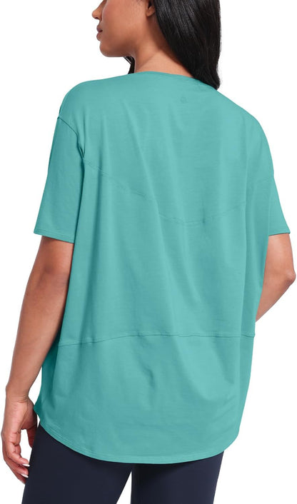 HeyNuts Women's Pima Cotton Short Sleeve Workou Shirt Boat Neck Loose Fit T-Shirts Athletic Tops Casual Shirts