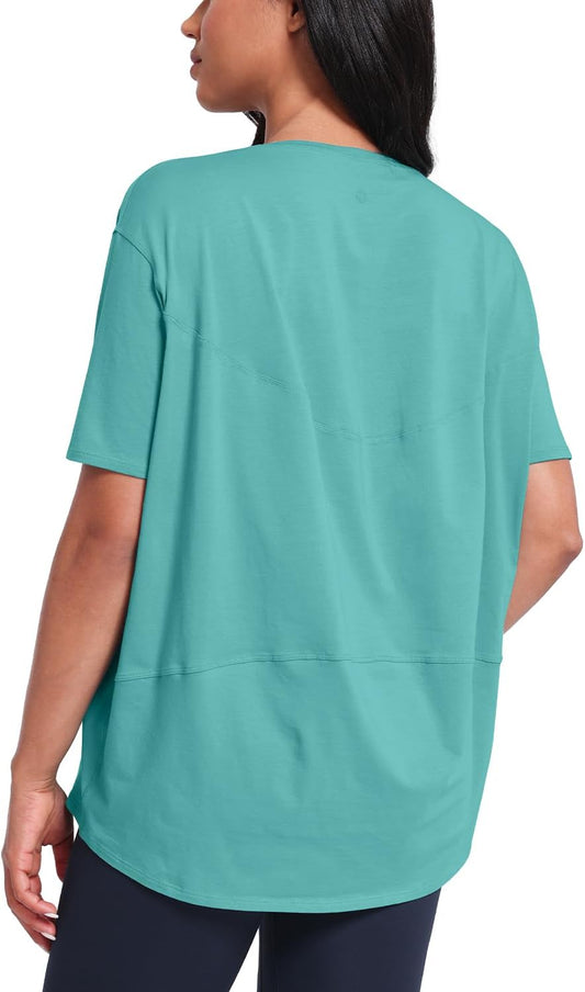 HeyNuts Women's Pima Cotton Short Sleeve Workou Shirt Boat Neck Loose Fit T-Shirts Athletic Tops Casual Shirts