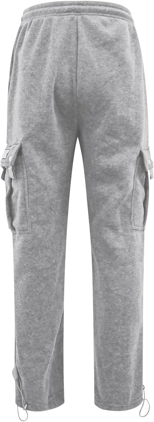 Men's Heavyweight Cargo Fleece Sweatpants Athletic Running Fashion Trousers Drawstring Loose Fit Joggers with Pockets