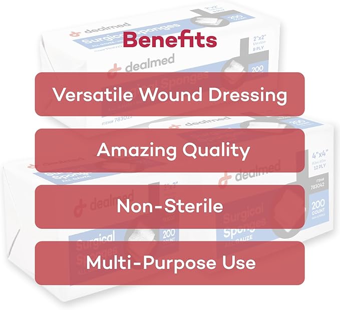 Dealmed 2" x 2" Surgical Sponges, 8-Ply, Non-Woven Absorbent Gauze Sponges for Wound Care, First Aid Kits and Medical Facilities, 200 Count (Pack of 1)