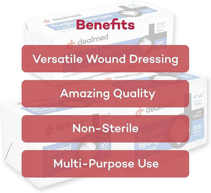 Dealmed 2" x 2" Surgical Sponges, 8-Ply, Non-Woven Absorbent Gauze Sponges for Wound Care, First Aid Kits and Medical Facilities, 200 Count (Pack of 1)
