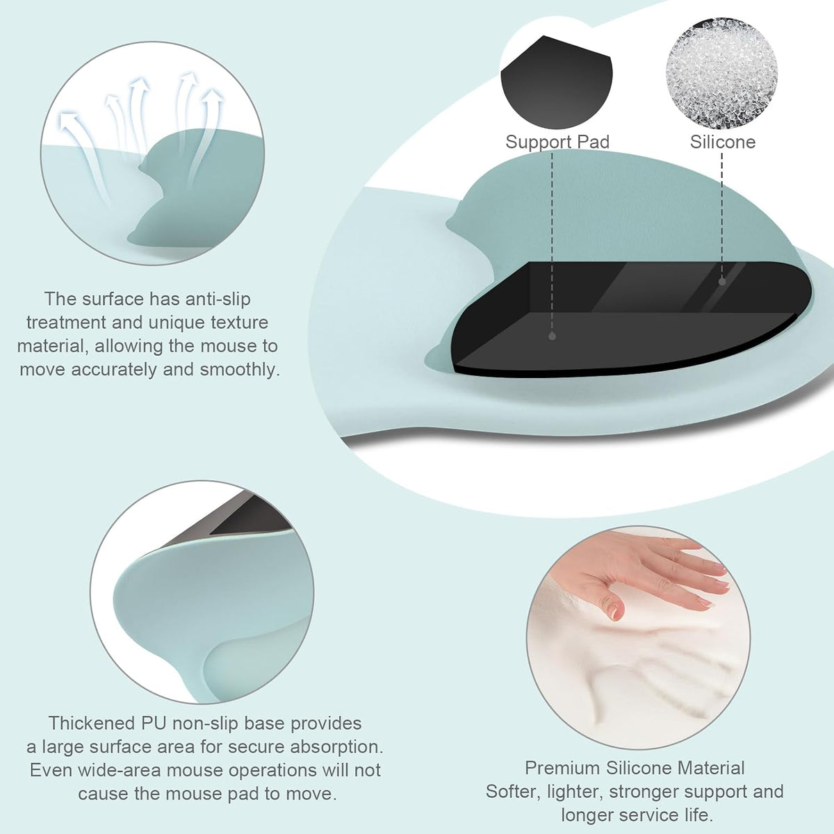 MOSISO Wrist Rest Support for Mouse Pad&Keyboard Set, Circle Curved Ergonomic Mousepad Non-Slip Base Home/Office Pain Relief&Easy Typing Pad with Soft Cloth&Silicone Lining, Aquamarine