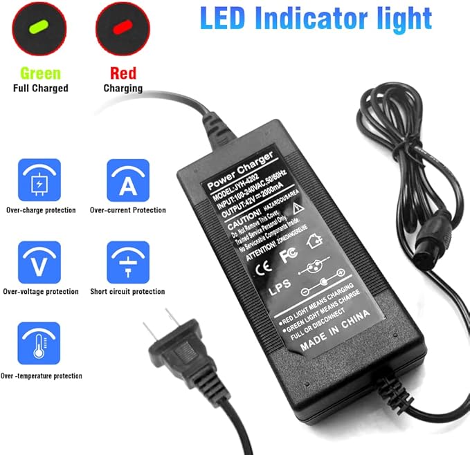 JFX 42V 2A battery charger 42 volt power adapter for 36V lithium battery with mini 3-pin plug of 0.315 in