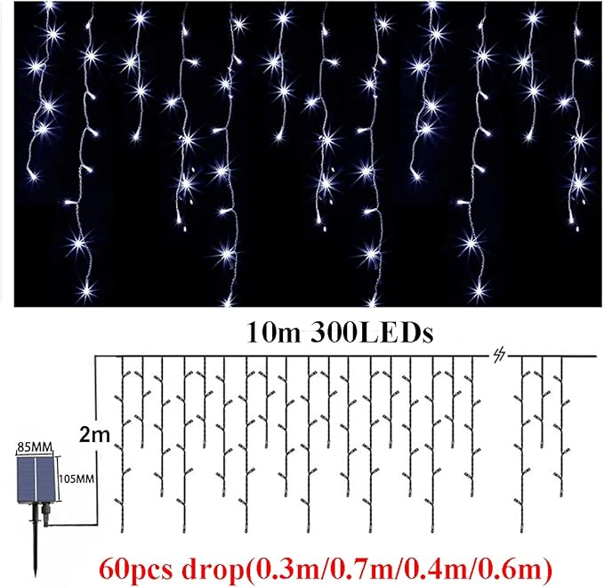 32.8ft 300LED Icicle String Lights Solar Hanging Light 8 Modes Waterproof Icicle Christmas Lights with Remote Decor Curtain Fairy Lights 60 Drops Hanging Decor Home,Party,Wedding (White)