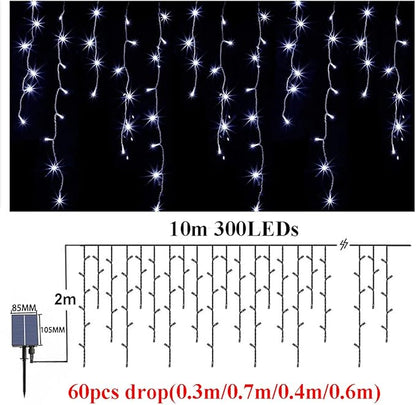 32.8ft 300LED Icicle String Lights Solar Hanging Light 8 Modes Waterproof Icicle Christmas Lights with Remote Decor Curtain Fairy Lights 60 Drops Hanging Decor Home,Party,Wedding (White)