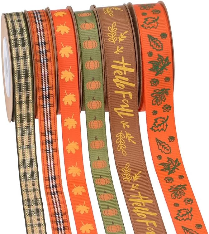 Fall Ribbon Pumpkin Maples Pattern Thanksgiving Theme Craft Rustic Autumn Harvest Ribbons for Wrapping Gifts Making Wreath