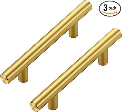 JOY DECOR 3 Pack Cabinet Handles, Gold Cabinet Pulls, 3 in Hole Center Kitchen Cabinet Handles, Stainless Steel T Bar Handles for Dresser Drawers