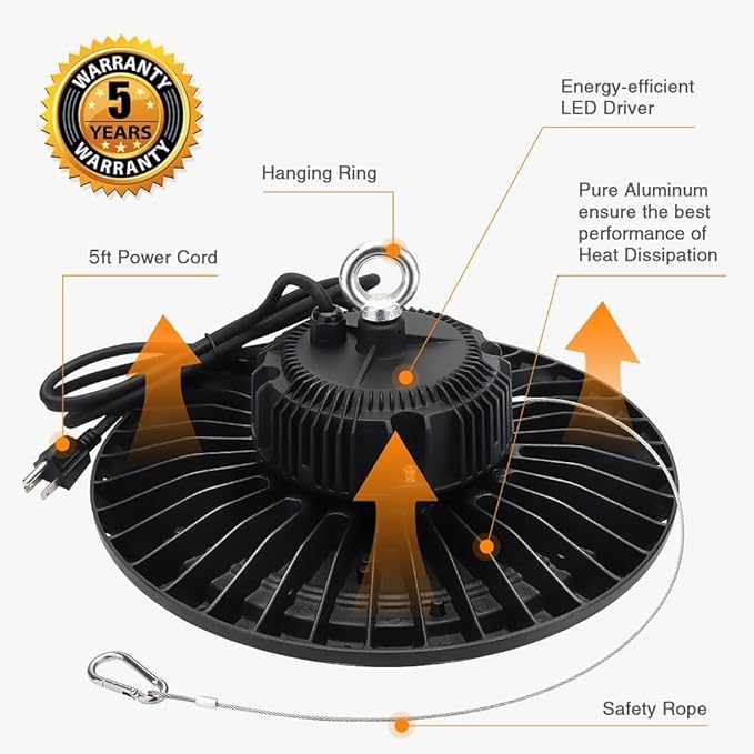 100W UFO LED High Bay Light 15000lm 5000K IP65 UL Approved 5' Cable with US Plug Alternative to 400W MHHPS widely Used for Warehouse Shop Workshop Industrial Factory