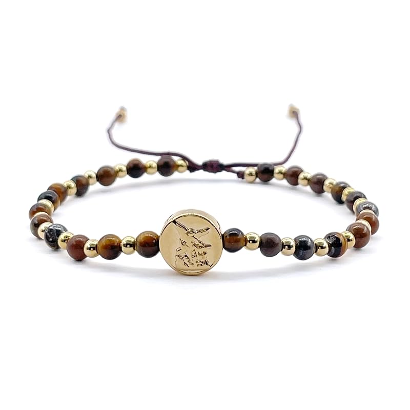 St Michael Archanel Coin and Natural Round White Turquoise Beads Adjustable Bracelet for Women (Brown Tiger Eye)
