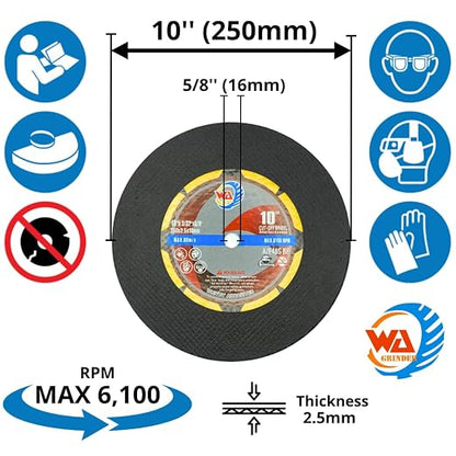 WA 10PACK - 10" x3/32 x5/8" Thin Cut-Off Wheels for General Purpose Metal and Stainless Steel Chop Saw Cut-Off Discs, 250x2.5x16mm, MAX 6,100 RPM