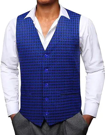 Mens Herringbone Tweed Vest Casual Dress Formal Regular Fit Plaid Waistcoat V-neck Leisure Vests for Party Prom