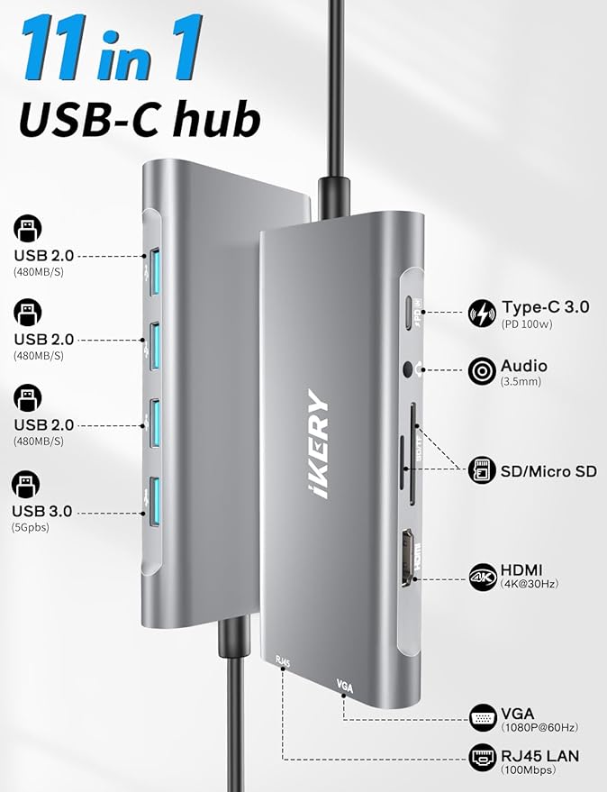 IKERY 11 in 1 USB C Hub, 4K HDMI & 1080P VGA, 100W PD Charging, RJ45 Ethernet, SD/TF Card Reader, 3.5mm Audio, USB 3.0/2.0 Ports for Laptop/MacBook Pro/Air