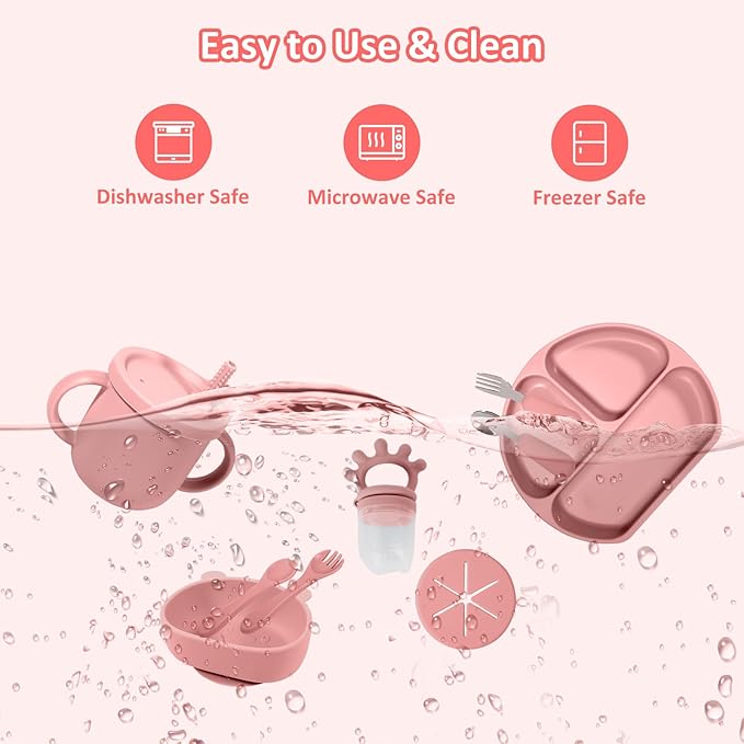 Silicone Baby Feeding Set | Baby Led Weaning Supplies | Toddler Self Feeding Dish Set with Suction Bowl, Divided Plate,Sippy Cup Spoons Forks Teether and Adjustable Bib, Eating Utensils for 6+Months