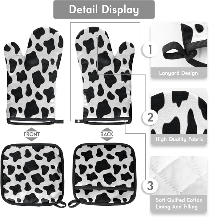 Cow Oven Mitts Set, Kitchen Oven Mitts and Pot Holders Set, Heat Resistant Hot Pads and Oven Mittsfor Baking Cooking Grilling BBQ