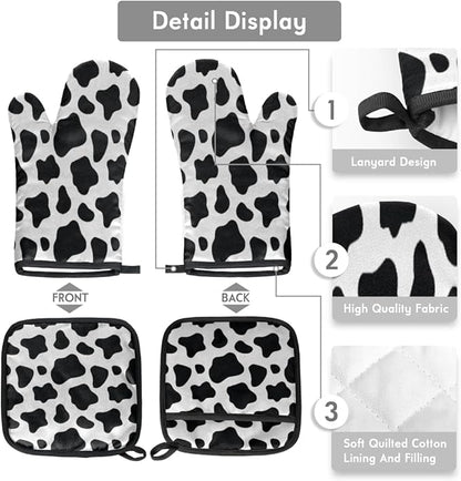 Cow Oven Mitts Set, Kitchen Oven Mitts and Pot Holders Set, Heat Resistant Hot Pads and Oven Mittsfor Baking Cooking Grilling BBQ