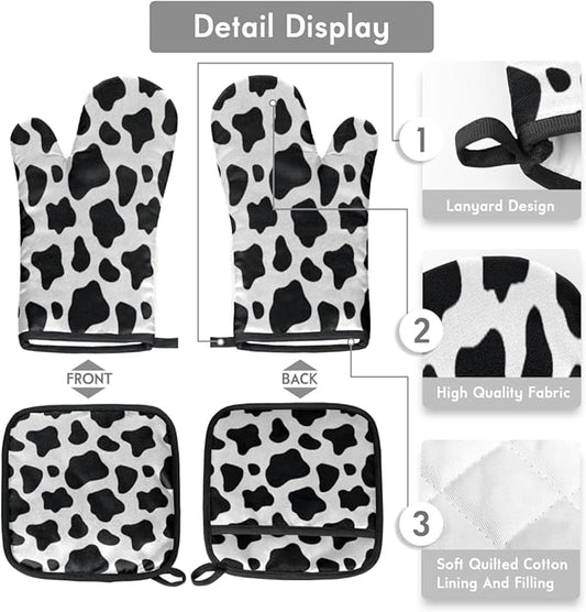 Cow Oven Mitts Set, Kitchen Oven Mitts and Pot Holders Set, Heat Resistant Hot Pads and Oven Mittsfor Baking Cooking Grilling BBQ