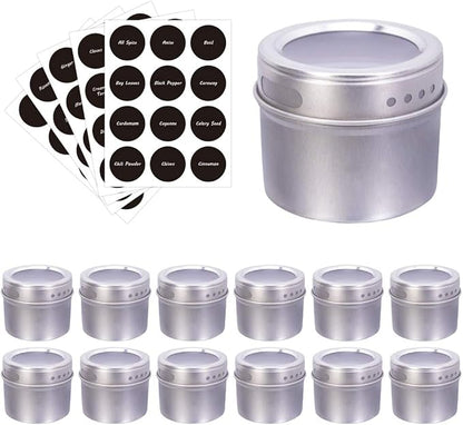 Magnetic Spice Tins  Labels, Storage Spice Containers, Window Top wSift-Pour (12 Jars 48 Pre-printed and 12 Blank Labels)