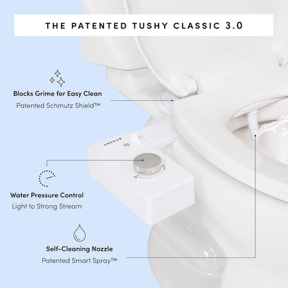 TUSHY Classic 3.0 Bidet Toilet Seat Attachment, Brushed Nickel Non-Electric, Self Cleaning Water Sprayer, Adjustable Pressure Nozzle, Angle Control, Easy Home Installation