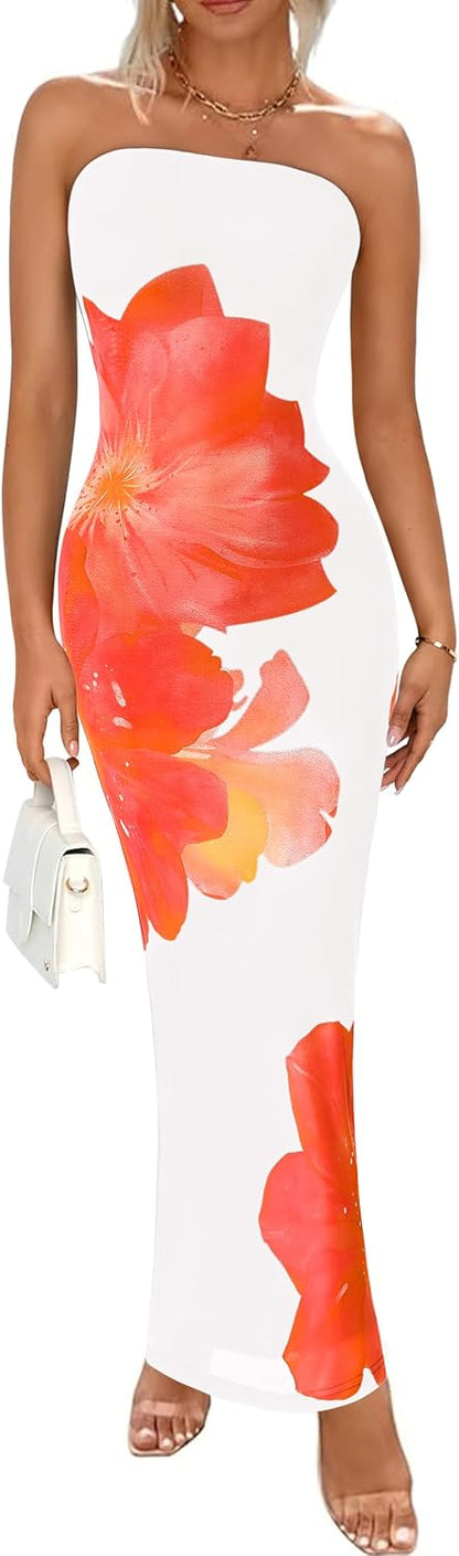 PRETTYGARDEN Women Summer Strapless Maxi Dress Bodycon Floral Sexy Long Wedding Guest Dress Formal Tube Mesh Cocktail Dresses.