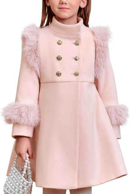 Toddler Girls Faux Fur Dress Coat Kids Winter Warm Jacket Long Sleeve Button Wool Coat 12 Months - 12 Years