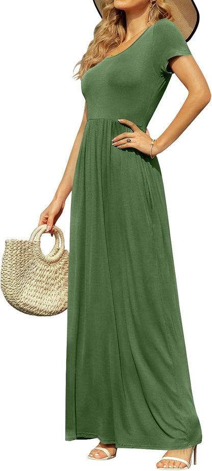 DB MOON Womens 2026 Summer Maxi Dresses Casual Short Sleeve Empire Waist Spring Long Dress with Pockets