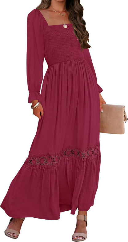 ZESICA Women's 2026 Boho Long Sleeve Square Neck Smocked High Waist Flowy A Line Lace Trim Maxi Dress .