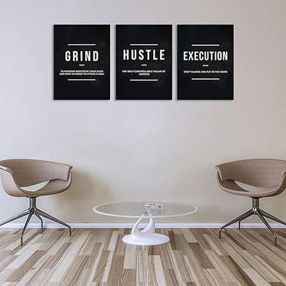 Motivational Office Wall Decor Inspirational Success Canvas Wall Art Hustle Posters Prints Entrepreneur Quote Wall Picture Paintings 3 Pieces Artwork Home Bedroom Framed Easy to Hang(36Wx16H)
