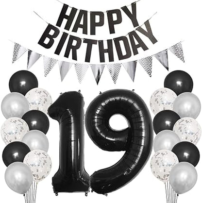 19th Birthday Party Decorations Set for Girl Boy Women Men Black HAPPY BIRTHDAY Letter Banner Silver Sparkly Glitter Traingle Banner Confetti Latex Balloons with Black Giant Number 19 Balloon